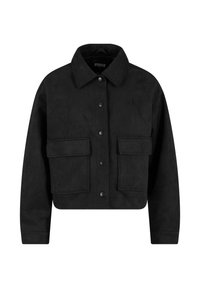 Veste courte en daim noir avec un col pointu, deux poches avant et des boutons-pression noirs. Texture lisse, coupe décontractée.