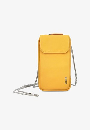 Compact yellow crossbody phone pouch with flap closure and black-white adjustable cord strap, branded "lamz" on front lower right corner.