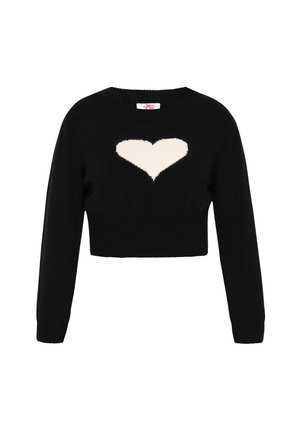 Černý zkrácený svetr s dlouhými rukávy, se bílým designem srdce uprostřed. Vyroben z měkkého materiálu s ribbovanými detaily na lemu.