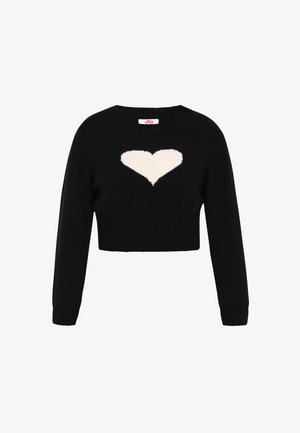Fekete, rövidített pulóver hosszú ujjal, középen fehér szív mintázattal. Puha anyagból készült, a szegélyen bordázott részletekkel.