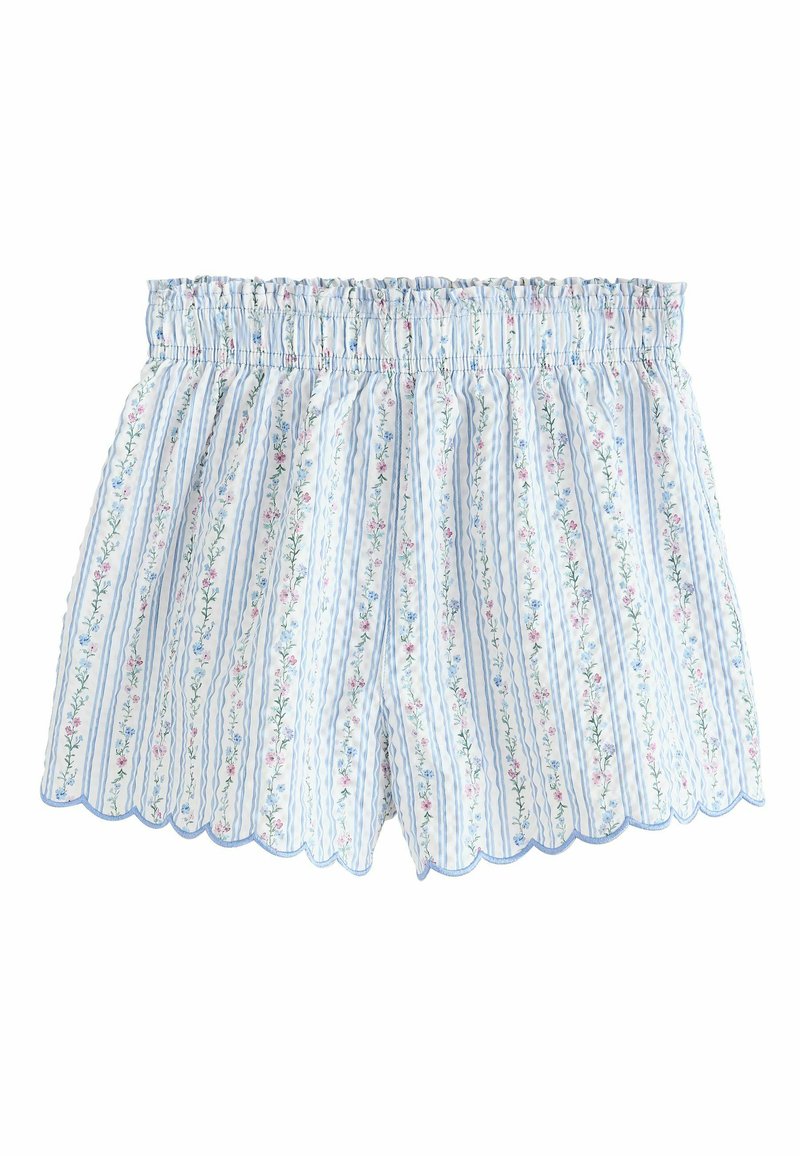 Shorts à imprimé floral avec rayures verticales bleu clair et blanches, une ceinture élastique et des bords festonnés avec des accents roses et verts.