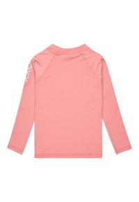 Pitkähihainen rash guard vaaleanpunaisena, valmistettu sileästä ja joustavasta materiaalista. Varustettu raglan-hihalla ja 'ROXY' -logolla vasemmassa hihassa.