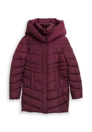 Burgunderfarbener gepolsterter Mantel mit hohem Kragen, großer Kapuze, vertikalen Nähten, zwei seitlichen Taschen und einem Reißverschluss. Glatte, weiche Textur.