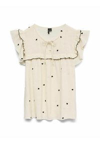 Top en crème clair avec des manches courtes à volants, présentant des motifs de cœurs noirs et une fermeture à nouer au niveau du col, avec un ourlet à volants.