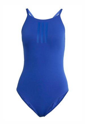 Blauwe ééndelige zwempak met dunne bandjes, met een gladde textuur en drie verticale strepen aan de voorkant voor designelement.
