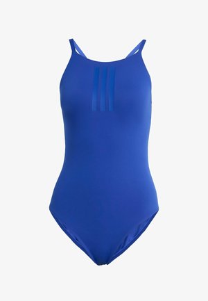 Maillot de bain une pièce bleu avec des bretelles fines, présentant une texture lisse et trois rayures verticales à l'avant pour un détail design.