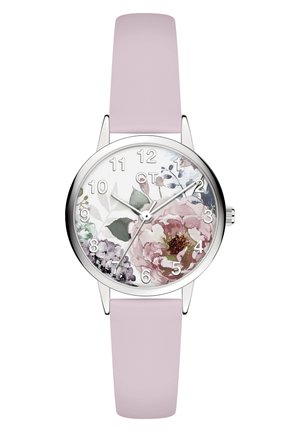Montre ronde avec un cadran à motif floral dans des tons roses et pastel, indices des heures en argent et un bracelet en cuir rose clair.