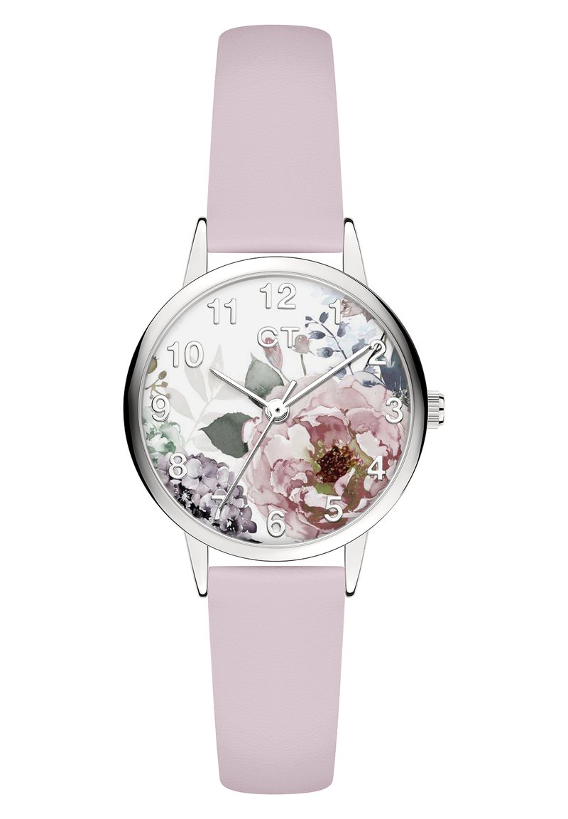 Runde Uhr mit einem blumengemusterten Ziffernblatt in Pink- und Pastelltönen, silbernen Stundenmarkierungen und einem hellrosa Lederarmband.