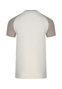 Chemise bicolore à manches courtes avec corps beige clair et manches raglan taupe, vue de dos sur fond blanc uni.