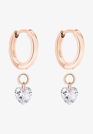 Rosen-guld stål hoop øreringe med en aftagelig klar krystal hjerte charm vedhæng. Har poleret overflade og glatte kanter.