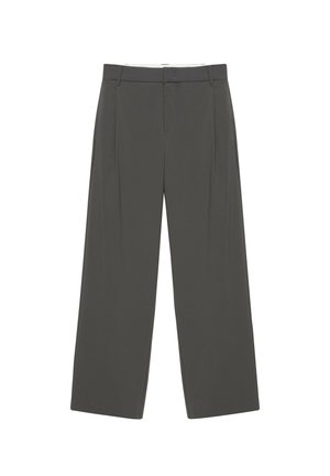 Pantalon gris foncé à jambes larges avec passants pour ceinture et fermeture frontale, présenté à plat sur fond blanc.