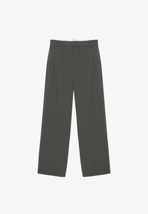 Pantalon gris foncé à jambes larges avec passants pour ceinture et fermeture frontale, présenté à plat sur fond blanc.