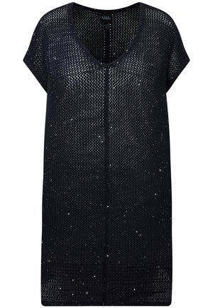 Tunic blu navy a maniche corte con scollatura a V, caratterizzata da un motivo in mesh testurizzato e sottili dettagli luccicanti su tutta la stoffa.
