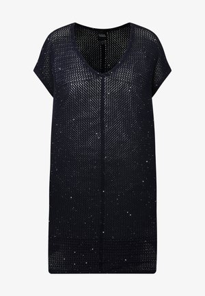 Tummansininen, lyhythihainen tunika V-halkaisulla, jossa on teksturoitu verkkomuotoilu ja hienovaraisia kimaltelevia yksityiskohtia kankaassa.