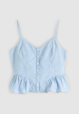 Jasnoniebieski bezrękawnik z przodem na guziki, cienkie ramiączka i falbanka na obu bokach.