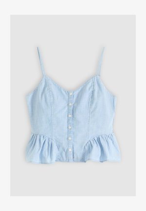 Lys blå ermeløs topp med knappestolpe foran, tynne stropper og rysjekant på begge sider.