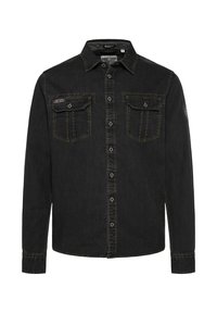 Schwarze Jeanshemd mit langen Ärmeln, Knopfleiste, zwei Brusttaschen, kontrastierenden gelben Nähten und einem Markenpatch auf der Schulter.