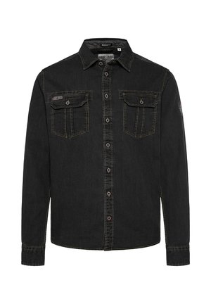 Schwarze Jeanshemd mit langen Ärmeln, Knopfleiste, zwei Brusttaschen, kontrastierenden gelben Nähten und einem Markenpatch auf der Schulter.