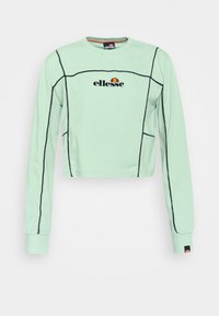 Ljusgrön långärmad croppad topp med svarta sömmar, rund halsringning och en broderad logotyp på bröstet.