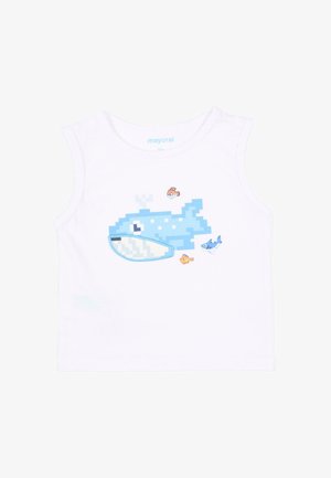 Wit mouwloos peutershirt met pixelkunst van een blauwe walvis en drie kleine kleurrijke vissen op de voorkant.