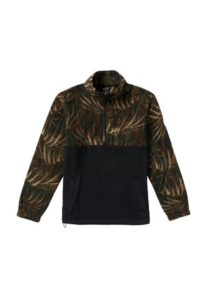 Pullover in felpa con collo a zip; motivo foglie verde e marrone nella metà superiore, metà inferiore nera unita, due tasche anteriori, tessuto testurizzato.