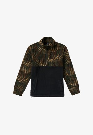 Fleece pullover with a zip neck; green and brown leafy pattern on the upper half, solid black lower half, two front pockets, textured fabric.