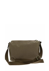 Braune, strukturierte Umhängetasche mit Reißverschluss und verstellbarem Riemen. Verfügt über ein einfaches rechteckiges Design und langlebiges Material.