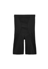 Shorts moldeadores negros de cintura alta, con longitud hasta la mitad del muslo y paneles texturizados para contornear y sostener el cuerpo.