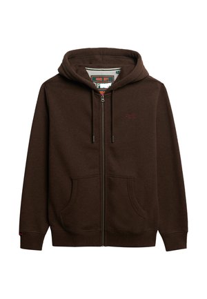 Dunkelbrauner Zip-Hoodie mit Fronttaschen, Zugkordelkapuze und dezentem, kleinem gestickten Logo auf der linken Brust.
