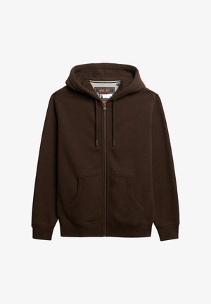 Donkerbruin rits-hoodie met voorzakken, trekkoordcapuchon en subtiele klein geborduurd logo op de linkerkant van de borst.