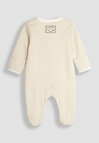 Bodysuit per neonato a righe beige e crema con maniche lunghe. Presenta un collo rotondo e un'applicazione ricamata sulla schiena. Realizzato in morbido cotone.