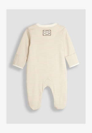 Béžový a krémový pruhovaný detský overal s dlhými rukávmi. Má okrúhly výstrih a výšivku na zadnej strane. Mäkky bavlnený materiál.
