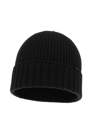 Black knitted beanie with ribbed texture and folded cuff, featuring a small logo tag on the side, designed for warmth and comfort.