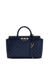 Granatowa pikowana torebka o strukturalnym designie, z metalowymi dodatkami w kolorze złotym, zawieszką na klucze i podwójnymi uchwytami u góry.