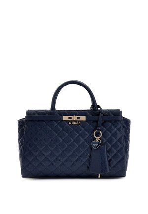 Granatowa pikowana torebka o strukturalnym designie, z metalowymi dodatkami w kolorze złotym, zawieszką na klucze i podwójnymi uchwytami u góry.