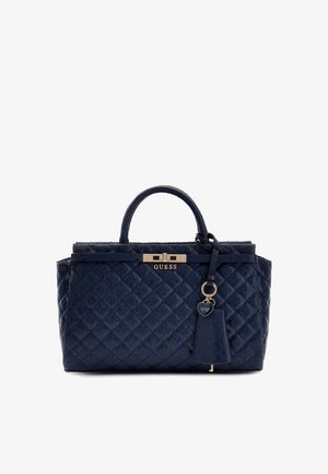 Granatowa pikowana torebka o strukturalnym designie, z metalowymi dodatkami w kolorze złotym, zawieszką na klucze i podwójnymi uchwytami u góry.