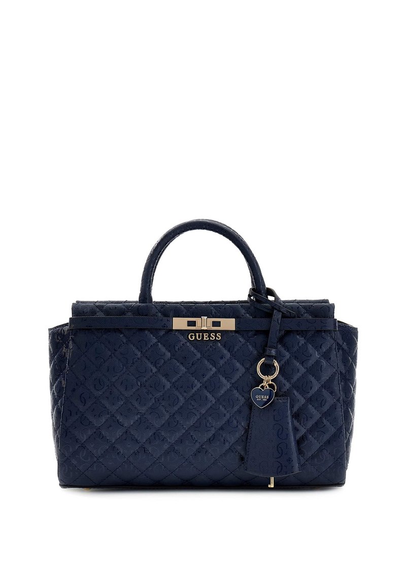 Granatowa pikowana torebka o strukturalnym designie, z metalowymi dodatkami w kolorze złotym, zawieszką na klucze i podwójnymi uchwytami u góry.