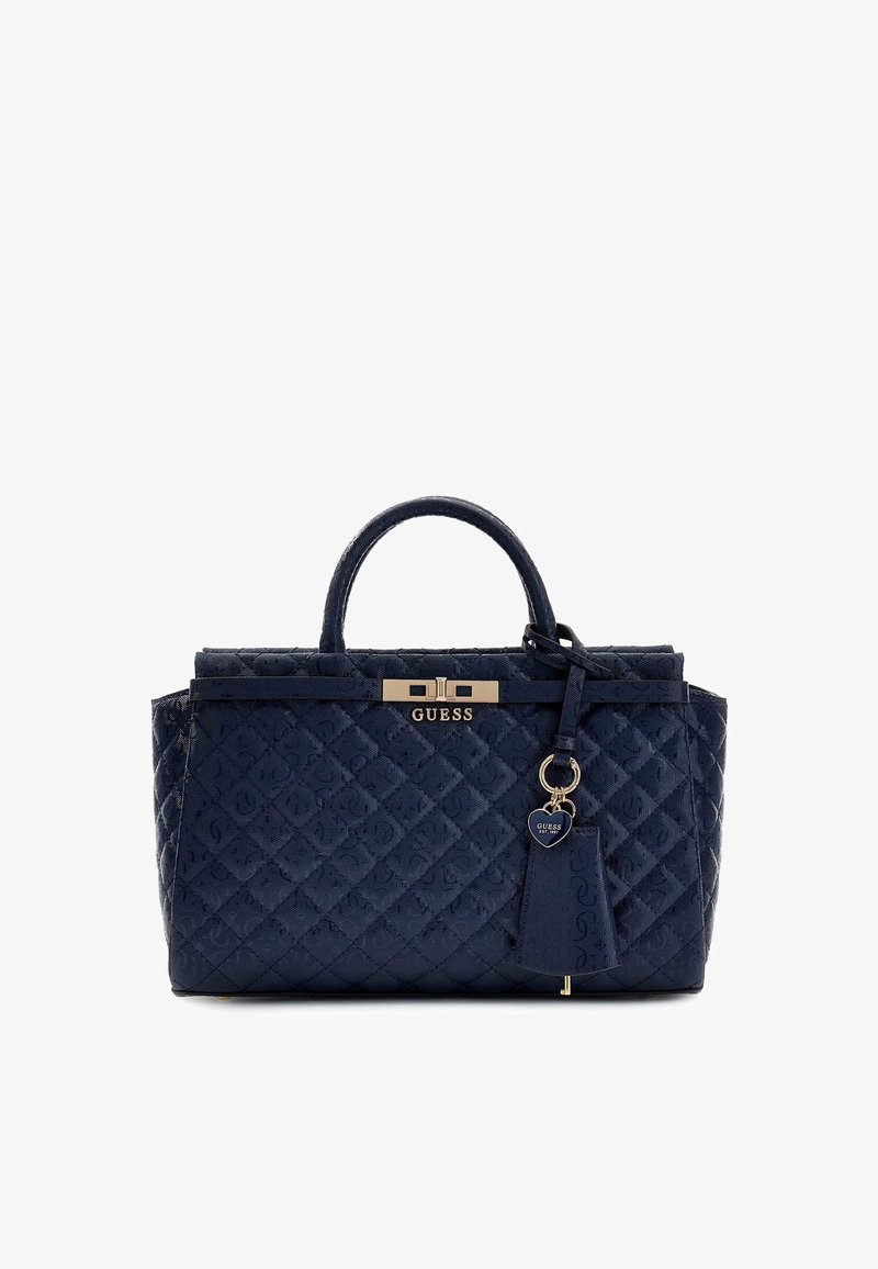 Granatowa pikowana torebka o strukturalnym designie, z metalowymi dodatkami w kolorze złotym, zawieszką na klucze i podwójnymi uchwytami u góry.