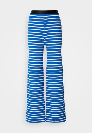 Blue and white striped flared pants with a black elastic waistband. Features a smooth texture and even horizontal stripes throughout.