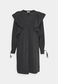 Sort knælængde kjole med lange ærmer, flæsedetaljer langs skuldrene, firkantet udskæring og bindebånd ved ærmekanterne.