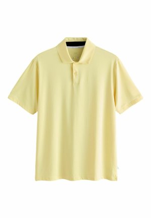 Hellgelbes Kurzarm-Poloshirt mit Kragen und Zwei-Knopf-Leiste, dargestellt vor weißem Hintergrund.