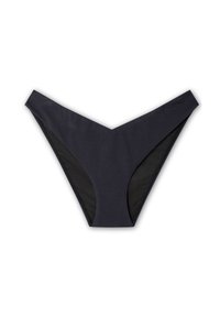 Tamni mornarski bikini donji dio s teksturiranom vanjskom tkaninom, V-oblikovanim prednjim dijelom i glatkim crnim unutrašnjim dijelom. Minimalistički dizajn s srednje visokim krojem.