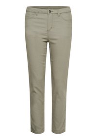 Pantalones verde oliva hechos de una mezcla de algodón, con un corte ajustado, diseño estándar de cinco bolsillos, cierre frontal con botón y trabillas para el cinturón.