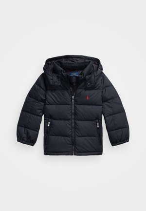 Black puffer jacket with a hood, featuring a zip front, two side pockets, and a small embroidered logo on the chest. Smooth texture.