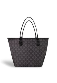 Czarna torba tote w diamentowy wzór, wykonana z materiału syntetycznego, z dwoma czarnymi uchwytami i zorganizowaną formą.