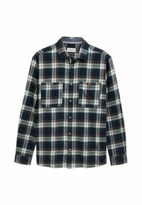 Flanellen shirt met een ruitpatroon in marineblauw, wit en rood, met een knoopsluiting aan de voorkant en twee borstzakken met knopen.