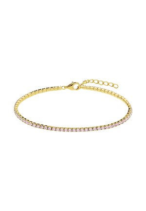 Bracelet en or avec une chaîne délicate et fine, avec une rangée de petites pierres précieuses roses. Comprend un fermoir ressort et un maillon de chaîne réglable.