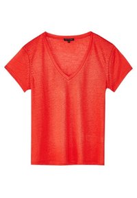 Rød kortærmet T-shirt lavet af letvægtsstof, med V-hals og en afslappet silhuet. Glat tekstur med en subtil glans.