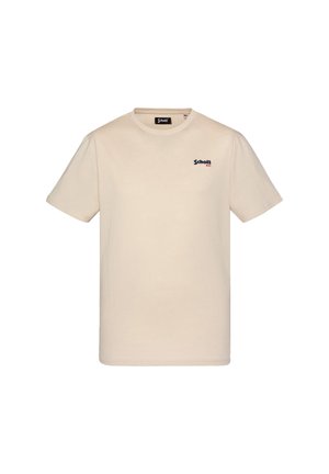 Beige bomulds t-shirt med rund halsudskæring, korte ærmer og et lille marineblåt "Schott" logo på venstre brystområde.