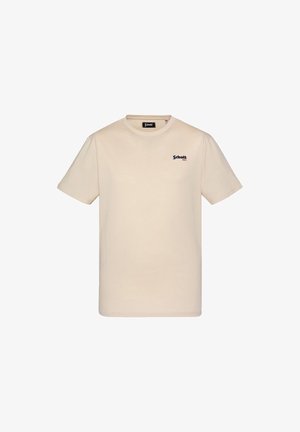 T-shirt beige in cotone con scollo rotondo, maniche corte e un piccolo logo "Schott" blu navy sulla parte sinistra del petto.